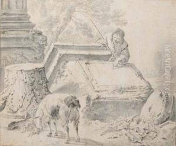 Berger Dechiffrant Des Inscriptions Sur Des Ruines Antiques, Une Chevre Au Premier Plan - view 1