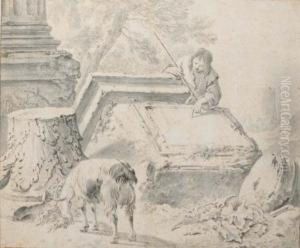 Berger Dechiffrant Des Inscriptions Sur Des Ruines Antiques, Une Chevre Au Premier Plan