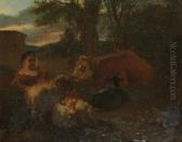 A Shepherdess With Sheep, A Cow And A Goat In A Pastoral Landscape - view 1