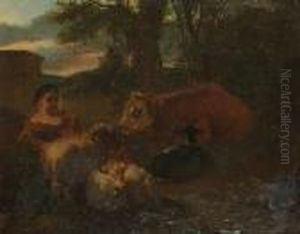 A Shepherdess With Sheep, A Cow And A Goat In A Pastoral Landscape