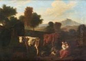 A Herdswoman And Her Child With Oxen, Sheep And Goats Beside A Stream
