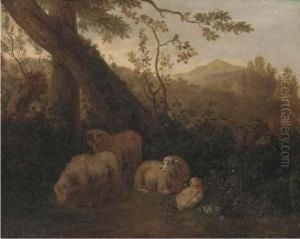 A Wooded Landscape With Sheep In The Foreground