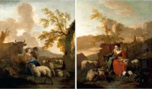 An Italianate Landscape With A 
Shepherdess Attending Her Animals And Reading A Letter To Her Son