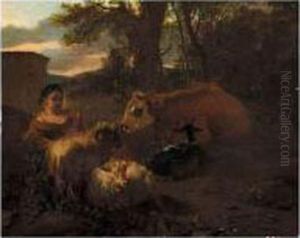 A Pastoral Landscape With A Shepherdess Resting With Her Animals