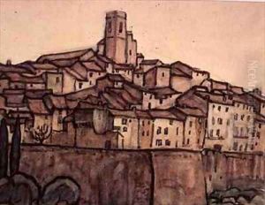 View of a Walled Town with Roof Rising to a Square Tower on a Hill by Anne L. Falkner