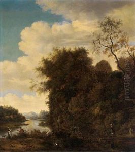 Paesaggio Fluviale Con Un Pescatore E Una Donna by Joris Abrahamsz Van Der Haagen