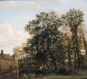 Drivers Watering Cattle Near A Castle, A Falconer Nearby