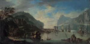 A Rhenish Harbour With A Man-o'-war Firing A Salute