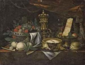 Fruits, Fromages Et Tourte Sur Un Entablement by Juan Van Der Hamen Y Leon
