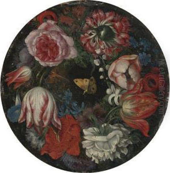 Wreath Of Roses, Carnations,
Anemonies, Morning Glories,hyacinths, Tulips, Lily Of The Valley, And A
Butterfly - view 1