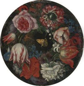 Wreath Of Roses, Carnations,
Anemonies, Morning Glories,hyacinths, Tulips, Lily Of The Valley, And A
Butterfly by Juan Van Der Hamen Y Leon