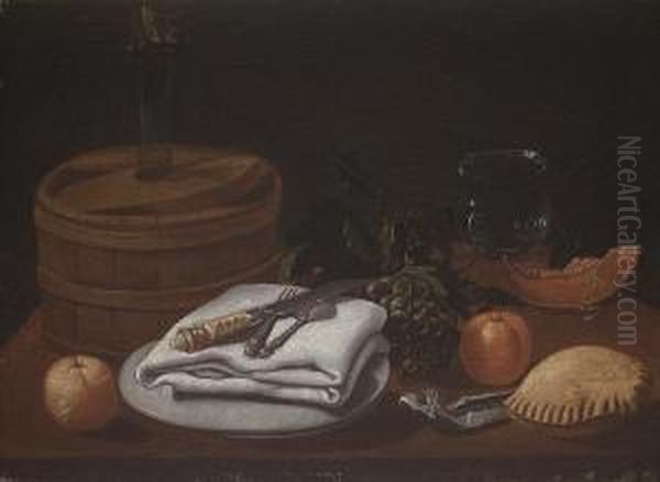 Grapes, Oranges, A Slice Of Melon, A Glassvase And A Wine Flask On A Laid Table Top - view 1
