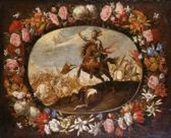 Guirnalda De Flores Con Escena De Lahistoria De Josue - view 1