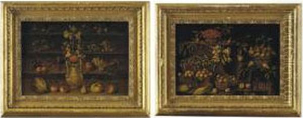 Baskets Of Apples, Pears,
Cherries With Grapes, Peapods, Apricots, Plums, Lettuces And Lilies On
Stone Ledges; And Lilies And Other Flowers In An Urn With Figs,
Cherries, Grapes, Apricots And Other Fruit On Stone Ledges - view 1