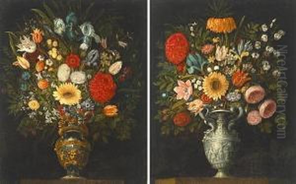 A Still Life Of Roses, Tulips,
Lilies, Irises And Other Flowers In A Silver Urn; A Still Life Of Roses,
Irises, Tulips And Other Flowers In A Bronze And Gilt Urn (a Pair) - view 1