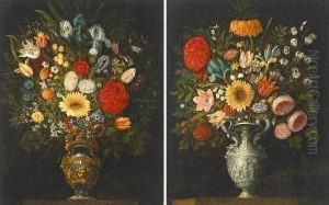 A Still Life Of Roses, Tulips,
Lilies, Irises And Other Flowers In A Silver Urn; A Still Life Of Roses,
Irises, Tulips And Other Flowers In A Bronze And Gilt Urn (a Pair) by Juan Van Der Hamen Y Leon