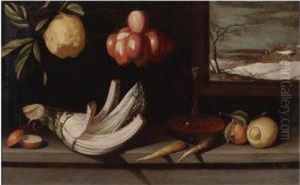 Still Life With Cardoon, 
Decanter Of Wine, Apples And Other Fruit, A Winter Landscape Beyond