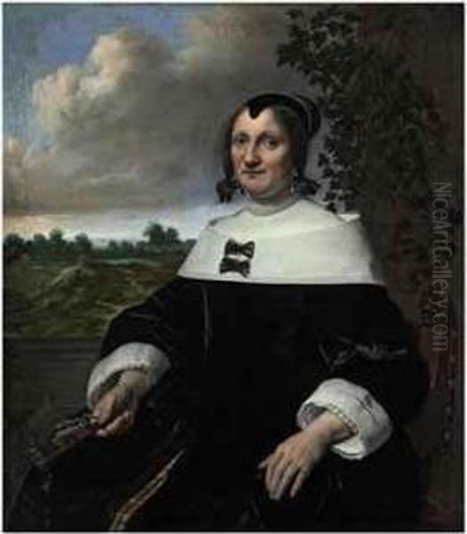 Portrait Of A Lady,
Three-quarter-length, Seated, Before Abalustrade, Holding A Fan, A
Landscape With Bleaching Fields And Aview Out To Sea Beyond - view 1