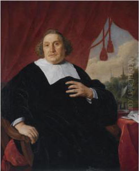 Portrait Of A Gentleman In Black
Robe, Three-quarter Length, Seatedat A Table, A Wooded Landscape With
Two Church Spires In Thebackground - view 1
