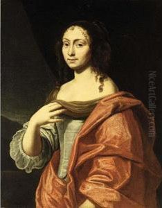 A Portrait Of An Elegant Lady,
Standing Three-quarter Length, Wearing A Grey Dress With Red Shawl by Bartholomeus Van Der Helst