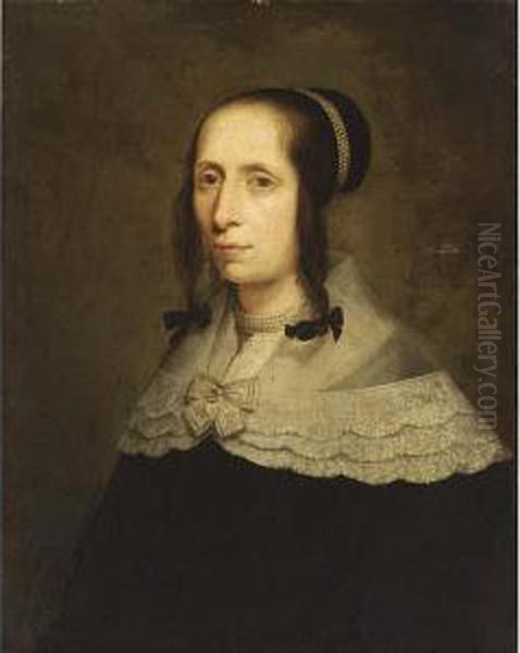 A Portrait Of A Lady, Bust
Length, Wearing A Black Dress With White Lace Collar And Pearl Jewellery - view 1
