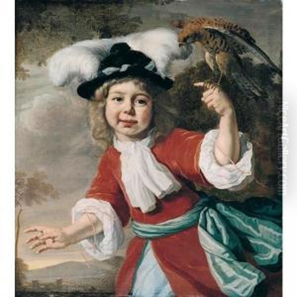 Portrait Of A Young Boy, Half 
Length, Wearing A Red Coat Tied With A Pale Blue Sash And A Feathered 
Hat, Holding A Kestrel, A Landscape Beyond - view 1