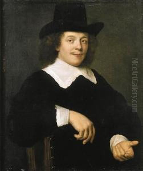 Portrait Of A Gentleman, Seated
Half Length, Wearing Black Costume With Lace Collar And Cuffs And Black
Hat - view 1