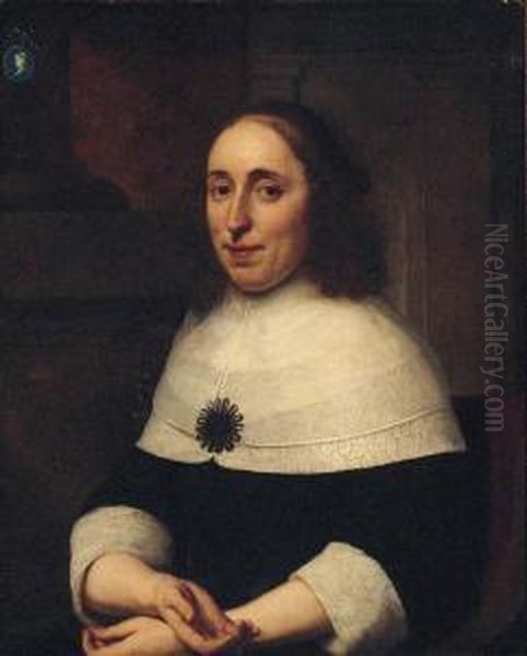 Portrait Of A Lady, Seated
Half-length, In A Black Dress, On Aterrace, A Cameo On A Column Above - view 1