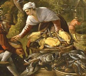 Peasants plucking ducks by a wood, a hunter beyond by Paolo Fiammingo
