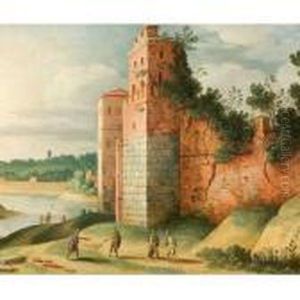 Ansicht Einer Baumumrankten
Burgruine Mit Zinnenbekrontemturm, Links Davon Blick In Die Weite Der
Sommerlichen Landschaftmit Idyllischem Flusslauf Und Bewaldeten Hugeln
Sowie Imvordergrund Figurenstaffage In Zeitgenossischer Kleidung by Jan Van Der Heyden