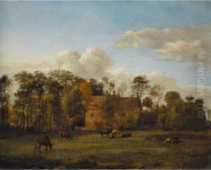 Landscape With Cattle Grazing In
 An Open Field Before A Manor House A Milkmaid 
At Work by Jan Van Der Heyden