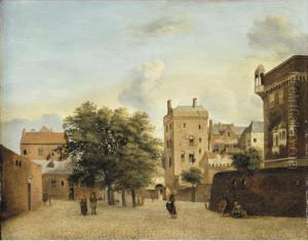 A View Of A Small Town Square With Figures Promenading - view 1
