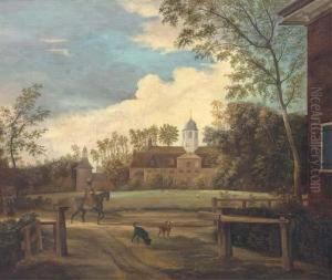 An Elegant Traveller And Two Dogs Before A Country House