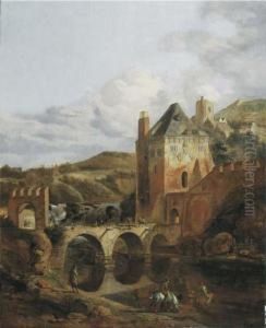 A River Landscape With A Fortified Castle And A Bridge