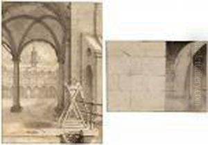 View Of The Interior Of The 
Amsterdam Stock Exchange, With A Fire Pump In The Foreground; A Separate
 Study Of The Underground Water Supply For The Pump