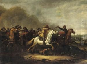 A Cavalry Skirmish In A Mountainous Landscape by Abraham van der Hoef