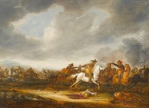 A Cavalry Skirmish, A Soldier On
His White Horse Attacking To The Right, With A Fallen Horse In The
Right Foreground by Abraham van der Hoef