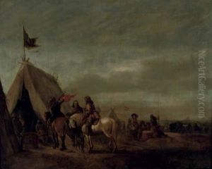 Cavalry Resting At An Encampment, A Town Beyond by Abraham van der Hoef