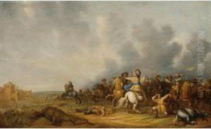 A Cavalry Skirmish With A Siege Of A Town Beyond