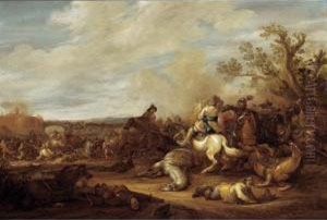 A Cavalry Battle Scene Before A Fortified Town by Abraham van der Hoef