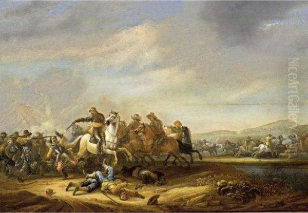 A Cavalry And Infantry Battle Scene Near A Stream - view 1