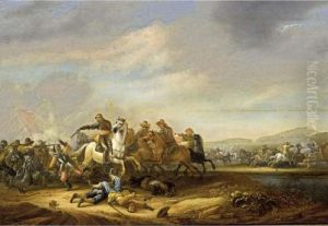 A Cavalry And Infantry Battle Scene Near A Stream