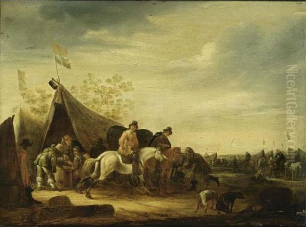 An Encampment With Soldiers Near
A Tent And Horsemen Nearby, Other Soldiers And Cavalry In The
Background - view 1