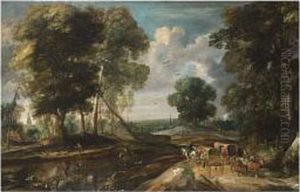A Wooded Landscape With Travellers In Horse-drawn Wagons
