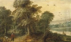 A Forest Landscape With A Huntsman And His Dog, Fishermen Near A Pool Of Water by Jasper van der Lamen