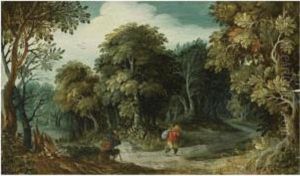 Peasants On A Path In A Forest by Jasper van der Lamen