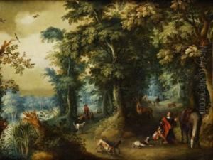 Paisaje Arbolado Con La Vision De San Huberto, Patron De La Caza by Jasper van der Lamen