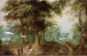 A Wooded Landscape With Huntsmen In The Foreground by Jasper van der Lamen