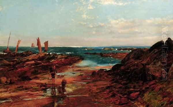 Boys crabbing on a beach - view 1