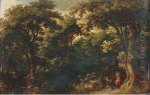 A Wooded Landscape With Christ Tempted By The Devil by Jasper van der Lamen